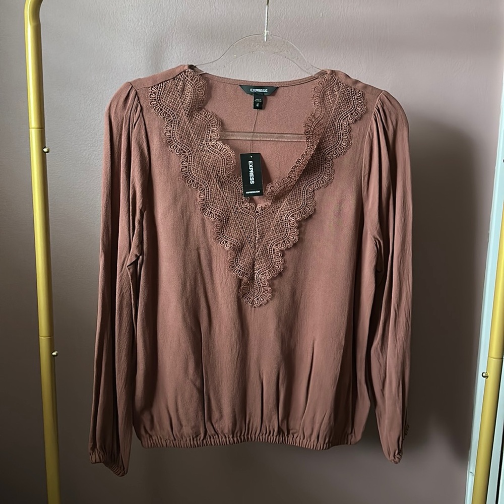 Express Long Sleeve V-Neck Lace Detail Blouse NWT
